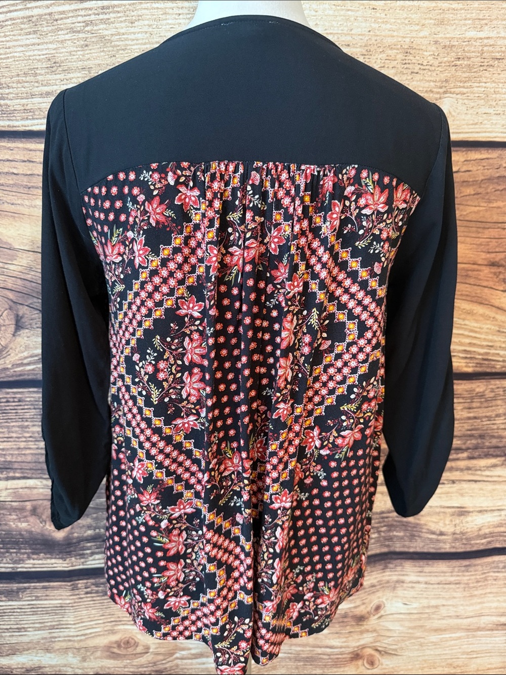Hem & Thread Black Wrap Front Blouse with Embroidered Sleeve - Picture 5 of 7
